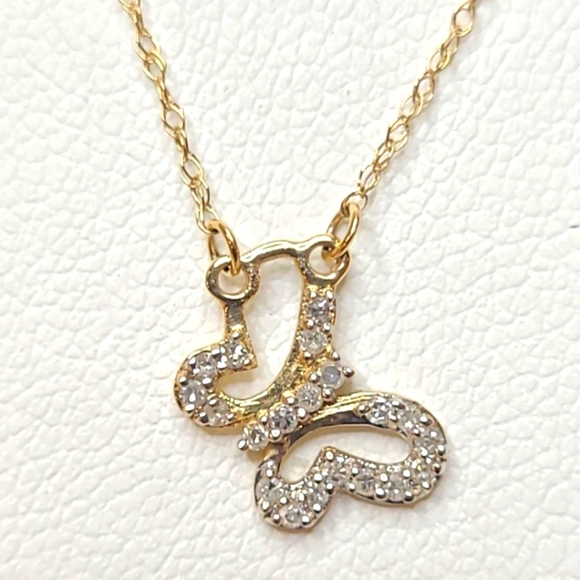 10k Solid Gold Necklace With Diamond And Gold Butterfly Pendant - Picture 1 of 10